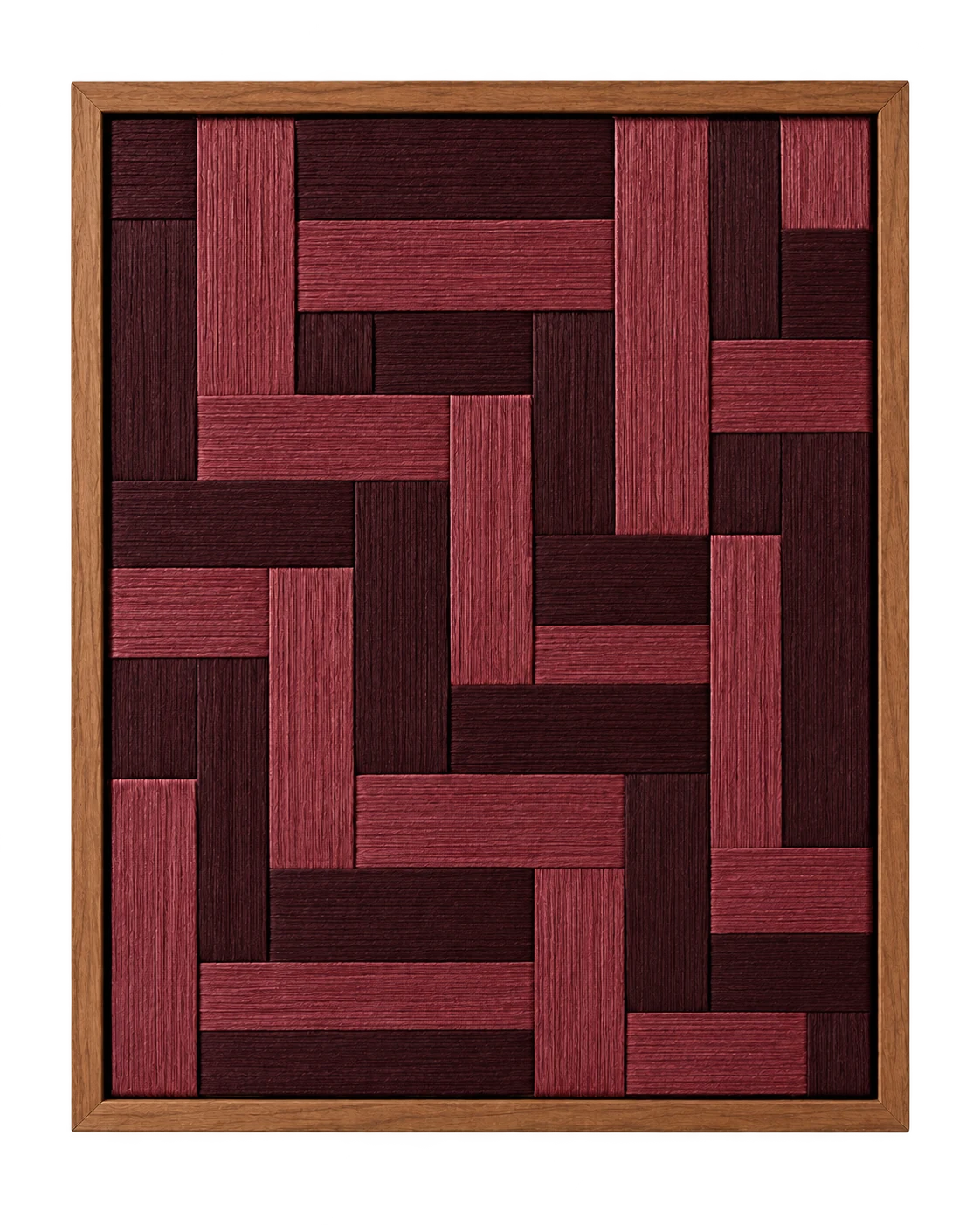 Concept: wine-colored orthogonal thread labyrinth in a simple straight walnut frame
