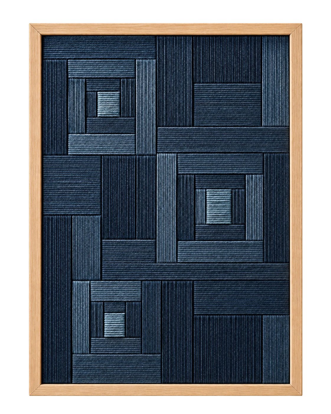 Concept: midnight directional yarn fields in a straight pale oak frame